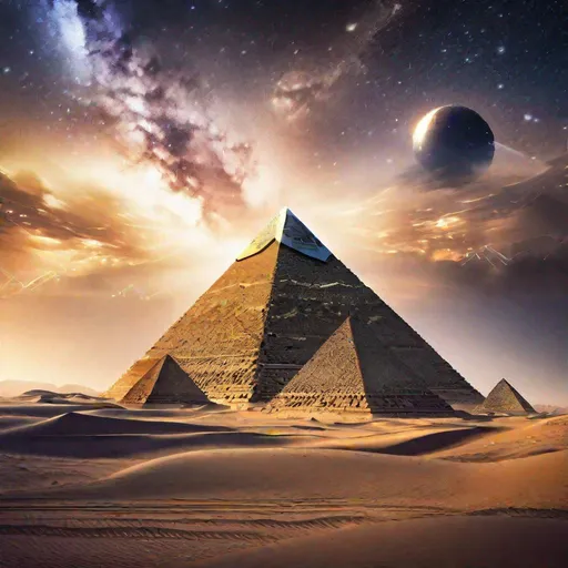Prompt: Create a captivating image that reimagines the Great Pyramids as awe-inspiring futuristic structures on an extraterrestrial landscape. Rising from an alien desert, the Pyramids gleam with a metallic sheen, reflecting the light of distant stars. The triangular forms are enhanced with intricate circuitry patterns that pulse with energy, suggesting a fusion of ancient mystique and advanced technology. The desert expanse around them is dotted with dazzling flora, casting an otherworldly glow. Hovering spacecraft, reminiscent of both ancient symbolism and advanced engineering, circle the Pyramids, hinting at an interstellar civilization. The sky above showcases unfamiliar constellations, reminding viewers that this scene is not on Earth. The blend of the familiar and the unknown captures the essence of a sci-fi journey through time and space. Ensure the best resolution and the highest quality of the image.