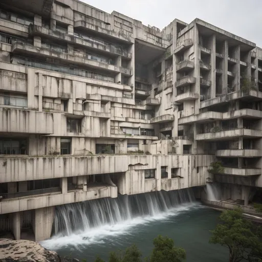 Prompt: a building on the edge of a waterfall, brutalist architecture