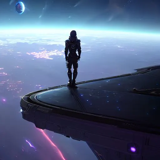 Prompt: A lone astronaut gazes out at the vastness of space from his shuttle, The Earth vividly displayed in the background. He contemplates the beauty of the silent planet, a blue oasis amidst a sea of darkness. The stars twinkle and the ship hums softly, a peaceful moment of serenity in the vast emptiness. ((High resolution, realistic, sci-fi, stunning colors))