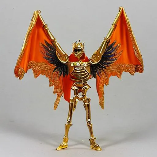 Prompt: Gold Skeleton King, Golden Staff, Wings, Orange Cape, Skeleton