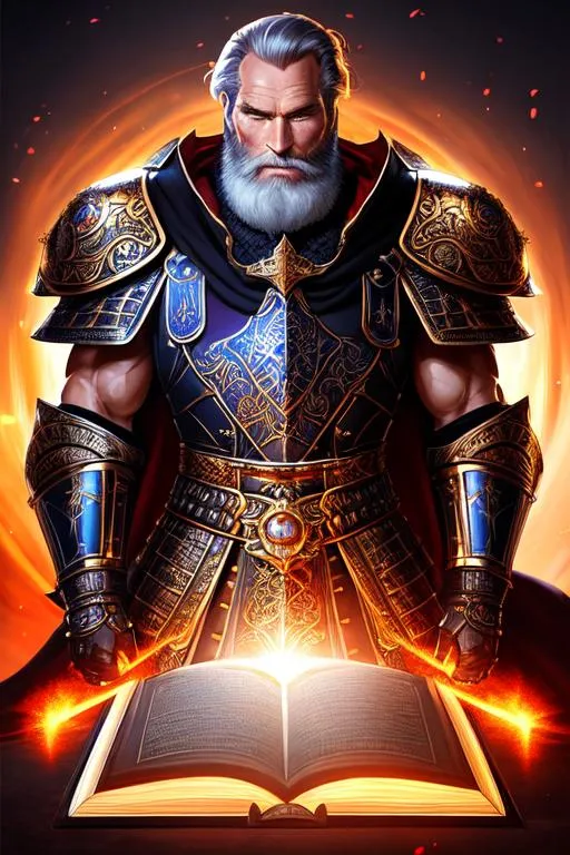 Prompt: {charlton heston as a bearded warrior holding glowing book}, ornate plate armor, hypermaximalist, elegant, ornate, hyper realistic, anime, dramatic, digital painting, artstation, smooth, sharp focus, dark medieval castle, full body shot, high resolution,  shouting, fighting skeletons 