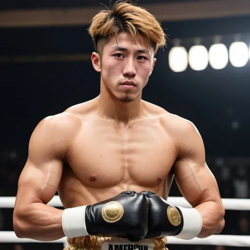 Prompt: Imagine a Japanese sportsmen resembling Naoya Inoue with golden and brownish hair, with an incredibly muscular physique. He's wearing American football gear in a boxing ring.