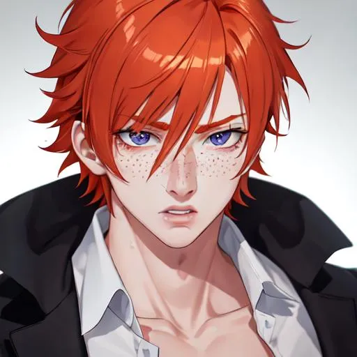 Prompt: Erikku male (short ginger hair, freckles, right eye blue left eye purple) muscular, UHD, 8K, Highly detailed, insane detail, best quality, high quality. As the godfather, mafia