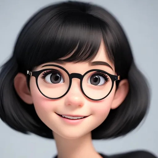 Prompt: Disney, Pixar art style, CGI, thin pale girl, with big black puppy dog bangs and short black hair, dark thin eyes, big round glasses