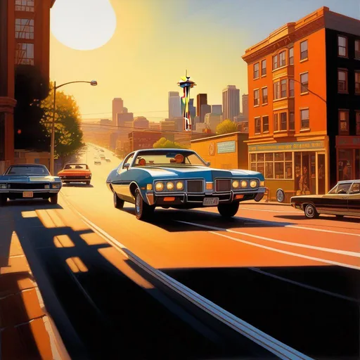 Prompt: 1970s, Seattle, car chase, sunny weather, warm atmosphere, cartoony style, extremely detailed painting by Greg Rutkowski and by Henry Justice Ford and by Steve Henderson