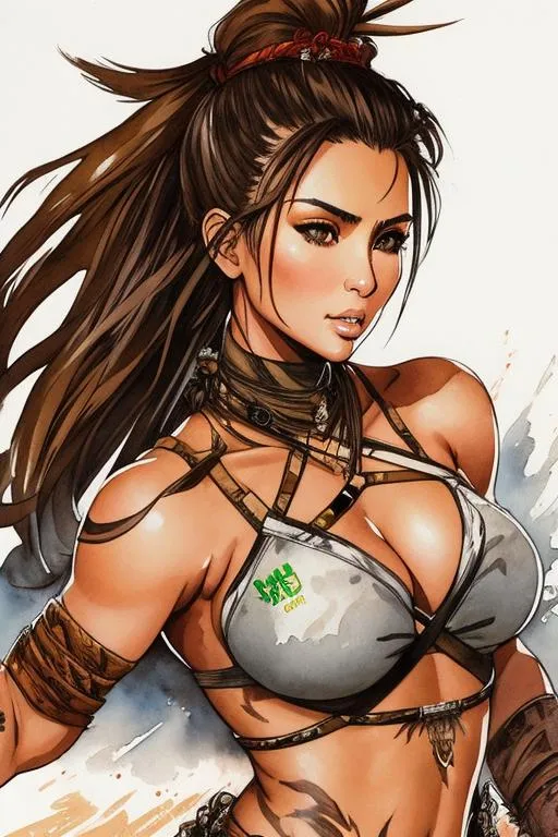 Prompt: (((Yoji Shinkawa))), sticker of ultra detailed portrait of Kim Kardashian as Tribal warrior,  high quality cell shaded illustration in post apocalyptic style by Yoji Shinkawa, ((full body)), dynamic pose, perfect anatomy, centered, freedom, soul, brown long hair, approach to perfection, cell shading, 4k , cinematic dramatic atmosphere, watercolor painting, global illumination, detailed and intricate environment, artstation, concept art, fluid and sharp focus, volumetric lighting, cinematic lighting, Artby Ilya Kuvshinov,