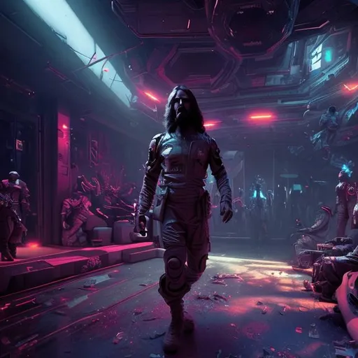 Prompt: digital painting, miltary Jesus, muted exotic night club, space background, eerie, mysterious, dangerous, shifty, hyperdetailed, ultra-realistic, cinematic lighting, unreal engine 5, octane render