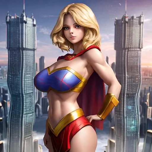 cinematic scene of power girl standing over miniatur