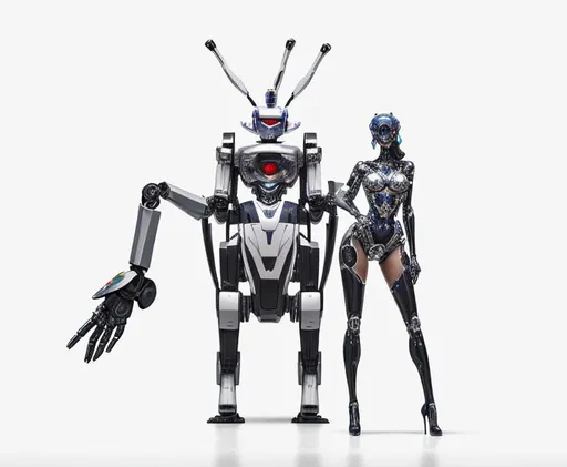 Prompt: A luxury robot, and a beautiful model in front of the robot, showing it.
