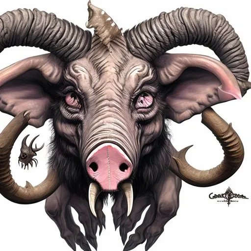Prompt: Draw creature with bull head, pig eyes, elephant ears, Ibex antlers, ostrich nick, lion chest 