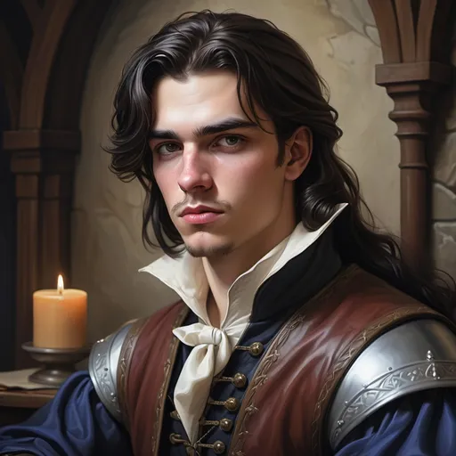 Prompt: human duke, youth, goatie, bored, wealthy, realistic, medival fantasy, portrait, dark hair