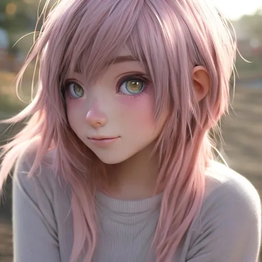 Prompt: anime girl with  short, light faded  pink hair and brown eyes