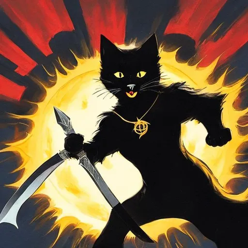 Prompt: a black cat wielding a dagger made out of the sun