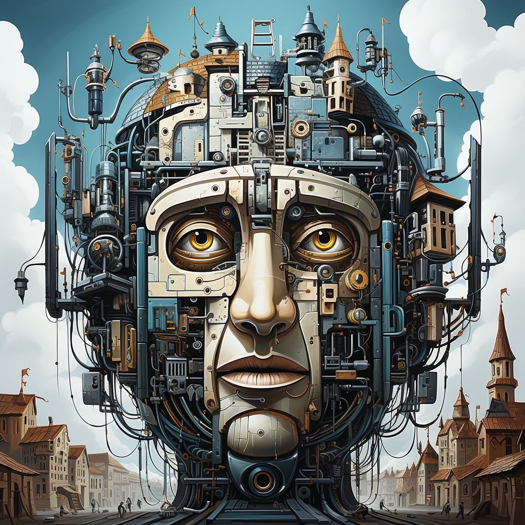 Prompt: a painting of a machine head, in the style of surreal city scenes, distinctive noses, multidimensional shading, meticulously detailed, sgrafitto, elegant, emotive faces, multilayered dimensions