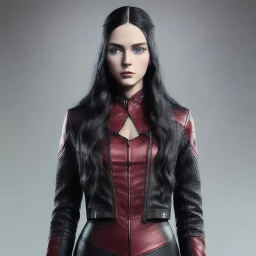 Prompt: young woman, long wavy black hair, light blue eyes, berry lipstick, red leather jacket, black body suit, black pants, knee-high black boots, 3D, fine-tuned, hyper-realistic, intricately detailed, detailed face, 16K, realistic, movie poster, chest