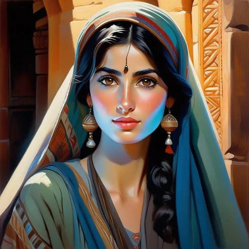 Prompt: Pashtun girl, pale olive skin, black hair, dark brown eyes, in Northern Pakistan, cartoony, sunny atmosphere, extremely detailed painting by Greg Rutkowski and by Henry Justice Ford and by Steve Henderson