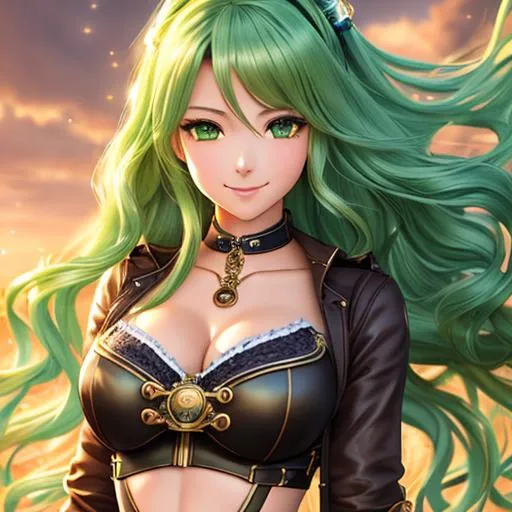 Prompt: extremely realistic, hyperdetailed, extremely long green wavy hair anime girl, blushing, smiling happily, wears steampunk clothing, toned body, showing abs midriff, highly detailed face, highly detailed eyes, full body, whole body visible, full character visible, soft lighting, high definition, ultra realistic, 2D drawing, 8K, digital art