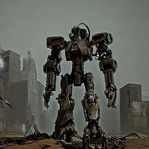 Prompt: dystopian,mech,scavenged,wasteland,