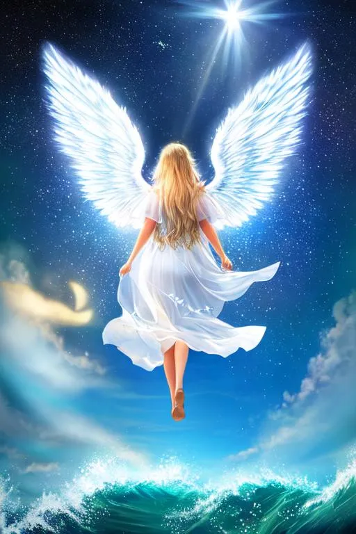 Prompt: A detailed picture of an angel of light with stars in its wings exiting the ocean, photo realistic