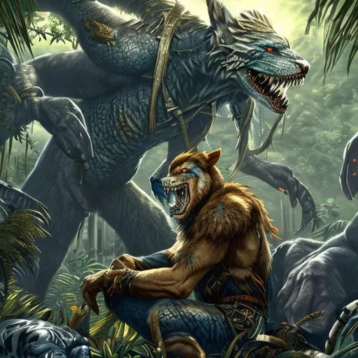 Prompt: blue and orange haired man with sharp teeth sitting cross legged in a jungle elder scrolls artwork