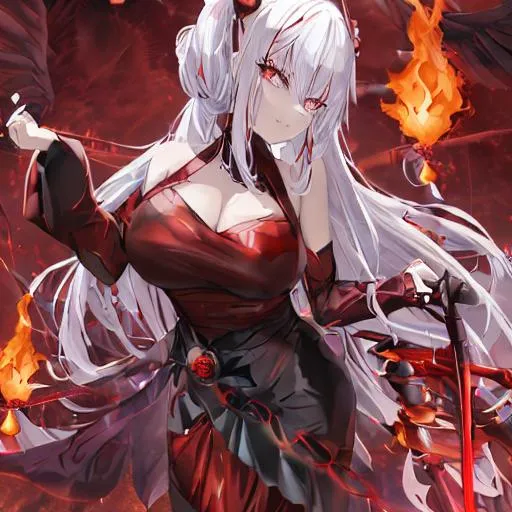 Prompt: a beautiful cute girl with white hair, and lights on her body which is light red. with black angel like wings, and fire like black clothing which is fancy. at an volcano. a red aura around her, and fluffy hair. with a fancy and glorious weapon in her hand. with her are in a cobra bun, with fancy accessories and vampire like teeth.