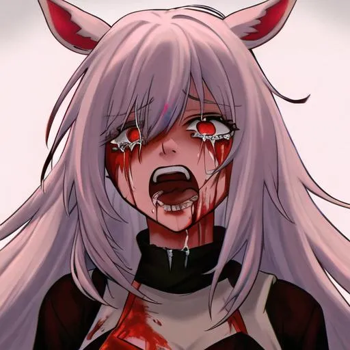 Prompt: Haley as a horse girl with bright multi-color hair covered in blood crying, screaming out for a loved one







