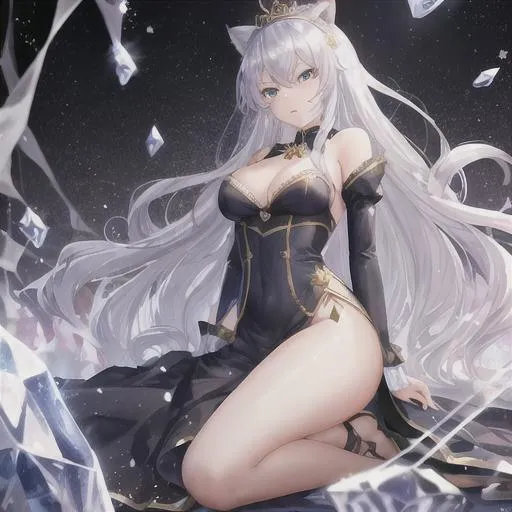 Prompt: young woman, queen, crown, slender, silver hair, cat ears, blue eyes, angry, full body, ice