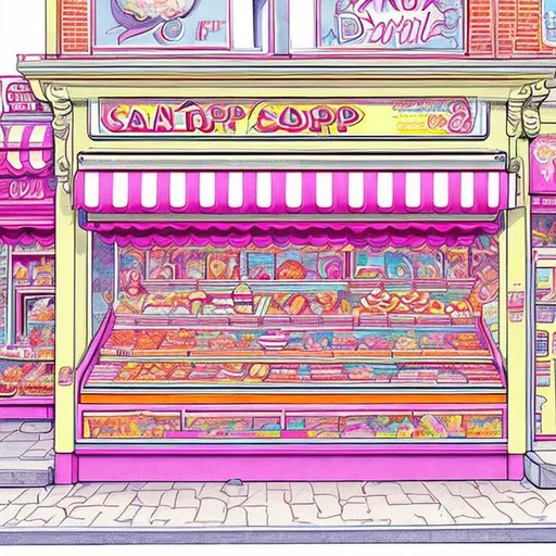 Prompt: 1980 drawing style, candy shop, colourful