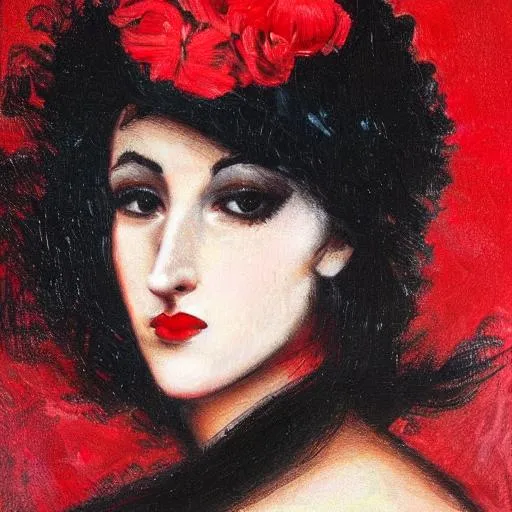 Prompt: Luscious Spanish dancer in red yied up black hair dress flowing detailed face features 