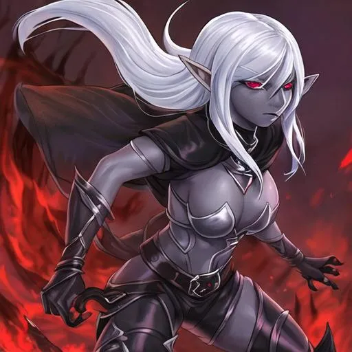 Prompt: Female Drow-Elf, dark breastplate, dark leather pants and boots, looking at me, black skin, long white hair, full body, battle stance, red eyes