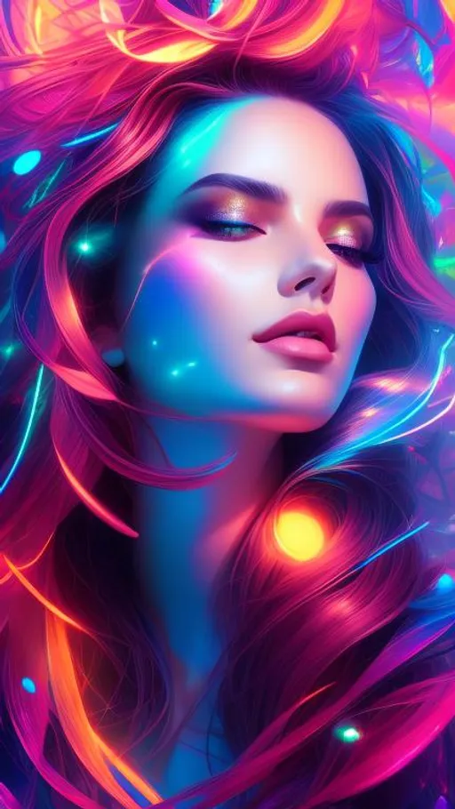 Prompt: Stunning Female head surrounded by light strokes. White neon bars flying around. blacklight Explosion of colorful particles. White feathers. Surrealism. Close up. Light halation. Soft lighting. Volumetric lighting. Glim lighting. Artwork by Artgerm and Peter Mohrbacher