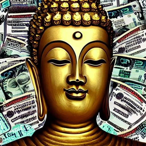 Prompt: Buddha Surrounded by dollar bills. His one eye is staring at a dollar bill