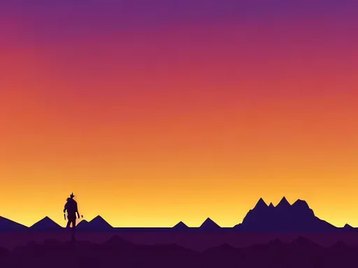 Prompt: Multiple layers of silhouette of desert landscape, with silhouette of lone gunslinger, sharp edges, at sunset, with heavy fog in air, vector style, horizon silhouette Landscape wallpaper by Alena Aenami, firewatch game style, vector style background