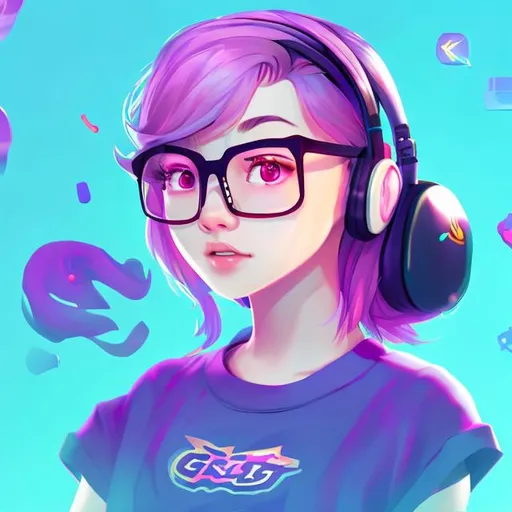 Prompt: a girl, gamming, logo, glasses, smooth hair, chair, cute face, smooth mature