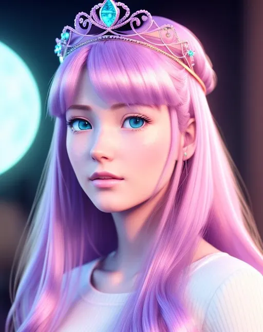 Prompt: hyper realistic 4d, engine unreal, realistic illustration, super detailed beautiful face, Princess Bubblegum cartoon from adventure time wearing tiara