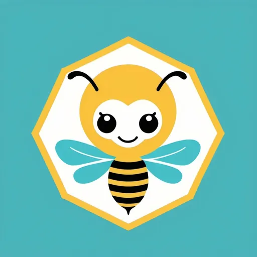 Prompt: A simple logo design, yellow; white; aqua blue colors and a fun aesthetic, with a friendly kid bee face in a hive border