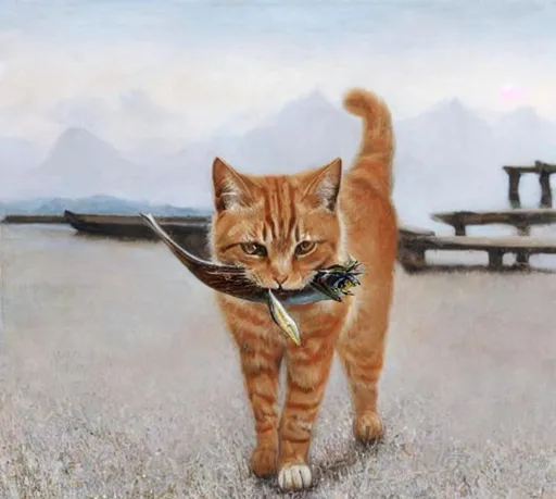 Prompt: A cat carrying a fish in its mouth by Lisa graa Jensen, Robert Bissell, jean Baptiste monge, Ivan shishkin, hovik zohrabyan, highly detailed, intricate, oil on canvas, dynamic lighting, crisp quality, colourful,  focused,  triadic colors, deeply saturated colour.