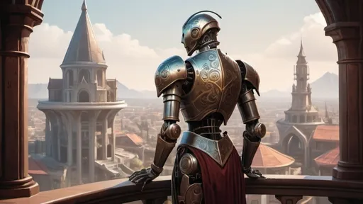 Prompt: a slender warforged automaton stands with back to camera on a large round balcony with a solid railing looking out over a fantasy city paradise during the age of arcanum 