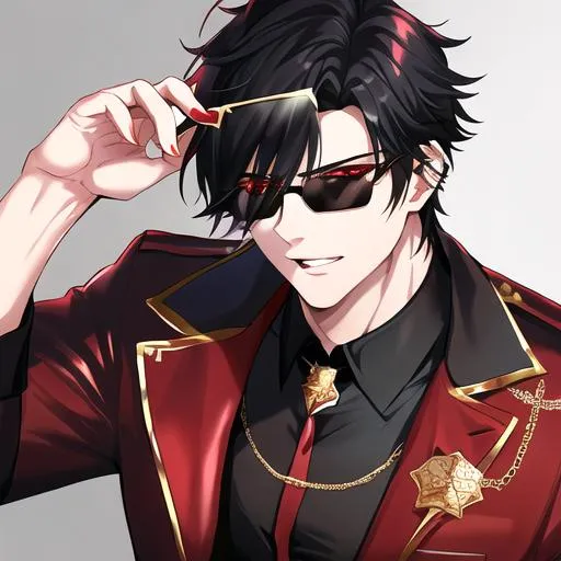 Prompt: Damien (male, short black hair, sharp and sassy red eyes), highly detailed face, 8K, Insane detail, best quality, UHD, handsome, flirty, muscular, Highly detailed, insane detail, high quality. black sunglasses resting on his head, gold jewelry, movie star, hollywood, he has a pentagram tattoo on his arm,,