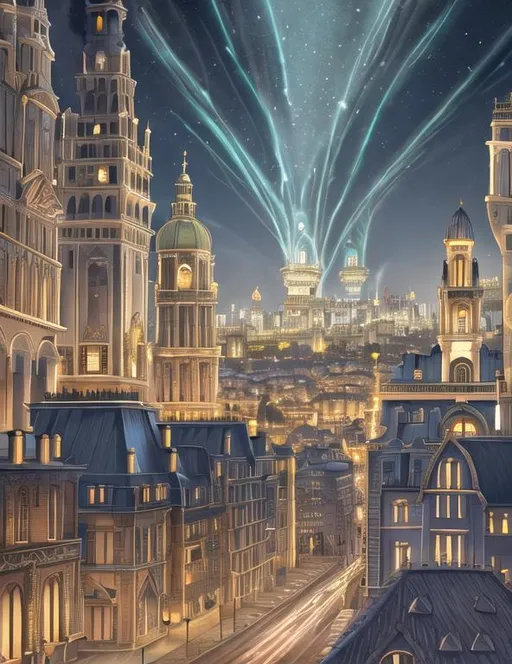 Prompt: rococo styled city just before dawn. The city is quiet. there is a glow on the horizon, but streetlights still emit a warm glow on the ground