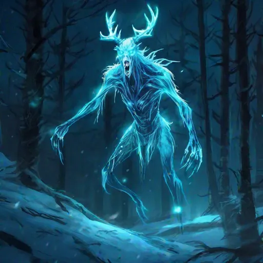 Prompt: A fantasy translucent wendigo that is glowing, screaming, frozen in a winter wood, beneath the stars, bioluminescent, highres, best quality, concept art