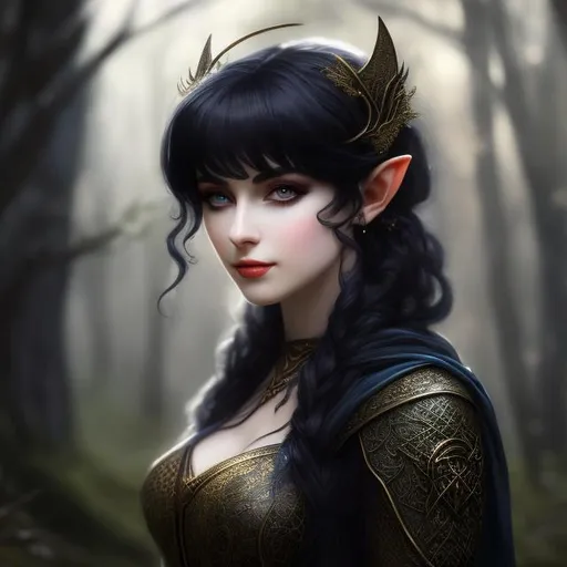 Prompt: Lydia Deetz, Wood elf, Druid, in medieval clothing, fantasy, DnD Character, Character art, hd, high quality, trending art, trending on artstation, 8k, sharp focus, character art, Very detailed, zoomed out view of character, smooth soft skin, beautiful face, symmetrical, soft lighting, detailed face, by leiji matsumoto, stanley artgerm lau, wlop, rossdraws, anime, big anime eyes, panned out view, full character visible