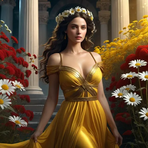 Prompt: HD 4k 3D 8k professional modeling photo hyper realistic beautiful woman Classic Princess ethereal greek goddess 
brunette gorgeous face yellow gown full body surrounded by ambient glow, daisies flowers vegetation, enchanted, magical, detailed, highly realistic woman, high fantasy background, elegant, mythical, surreal lighting, majestic, goddesslike aura, red and black flowers, Annie Leibovitz style 

