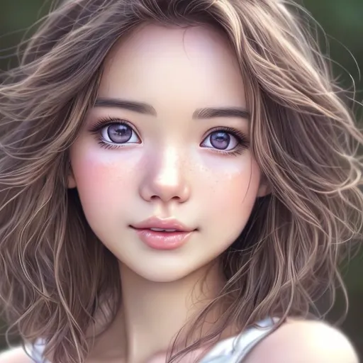 Prompt: Close up face portrait of a {person}, dreamy eyes, staring at the camera, anime wide eyes, soft skin, soft wavy intricate hair, gentle smile, Asian girl, photo realistic, advanced digital drawing, gleaming background