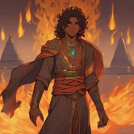 Prompt: a cute ifrit jinn 16 years old boy in noble arab garments. rough skin the color of stone or sand, always hot to the touch. Fire dances in their eyes. In background a tents village.  Changeling the Dreaming art. Rpg art. 2d art. 2d. well draw face. Detailed. 