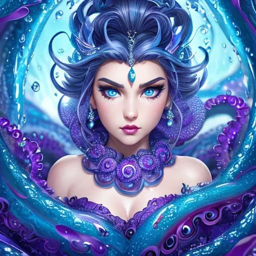 Prompt: ursula with tenticles swirling around, pucked pouty lips detailed background, wide angle shot, 3d,  perfect woman,  Same color eyes glowing vividly, detailed eyes, clear eyes, Splash art, front, epic Instagram, very detailed, artstation, hyperdetailed intricately detailed ,intricate detail, splash screen, complementary colors, fantasy concept art, 4k, heavy strokes, realistic painting, splash arts, full height, full body, telling future in  a ball of water,  video game stylized, real engine