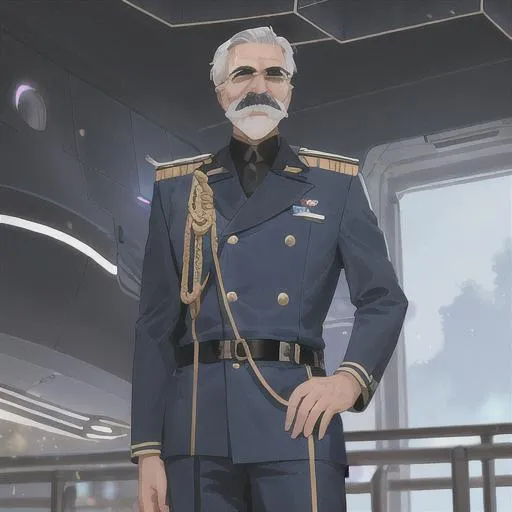 Prompt: A male scifi space navy officer. He is an old man with grey hairs and mustaches. He wears a scifi dark blue uniform with golden grades. he stands on the bridge of a spaceship, while soldiers works in the background.  anime art. Aniplex art. 2d art. 2d. 