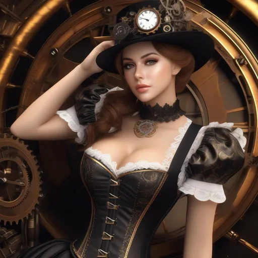 Prompt: 3d anime woman and beautiful pretty art 4k full raw HD(round face, high cheekbones, almond-shaped brown eyes, small delicate nose), steampunk outfit, black bustier corset, lace jacket, active pose, rococo, steampunk, backdrop clockwork machines, masterpiece, intricate detail, hyper-realistic, photorealism, hyper detailed texturing, high resolution, best quality, UHD, HDR, 8K, award-winning photograph, octane render