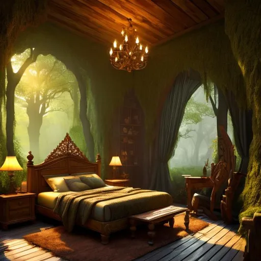 Prompt: fantasy, bedroom interior, UHD, HD, 8K, forest themed bedroom