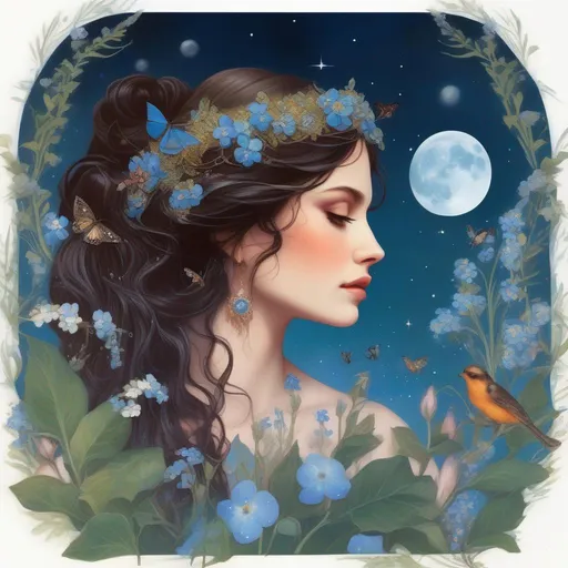 Prompt: A profile beautiful and colourful picture of Persephone with brunette hair and with gems in her hair, surrounded by plants, forget-me-not flowers, moths, birds and animals framed by the moon and constilations